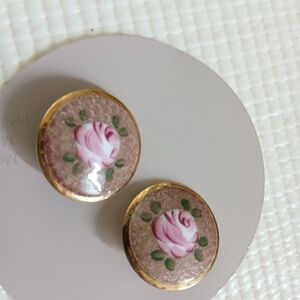 Vintage Guilloche Pink Flower Rose gold tone Clip Earrings,1", mint